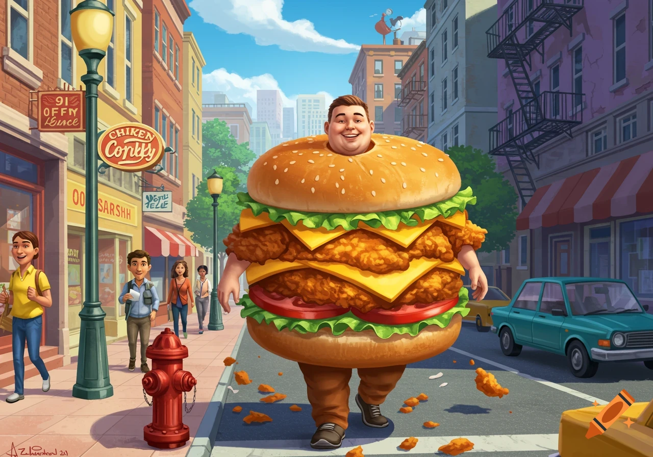 Man in a giant chicken burger costume walks down a busy city street past pedestrians and cars in an illustration.