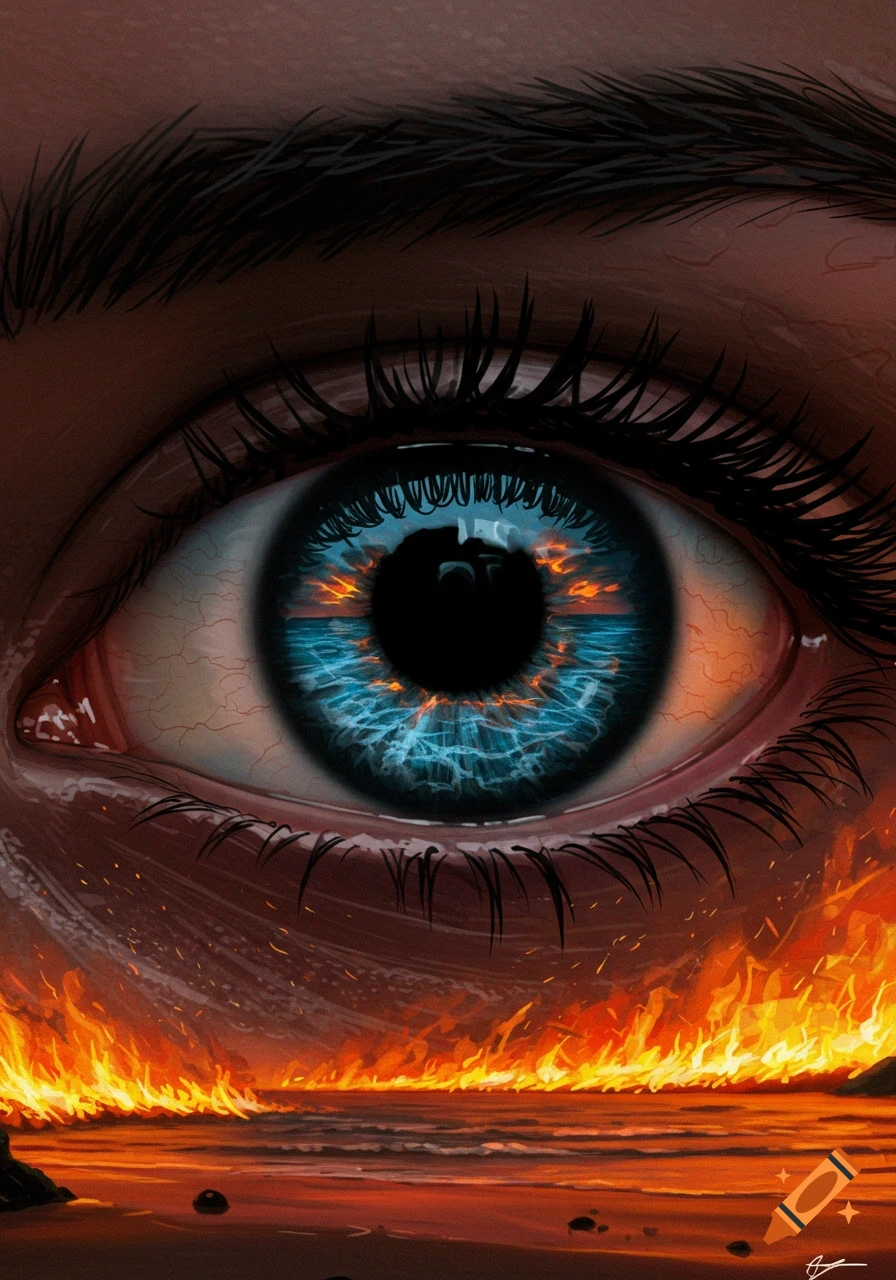Close-up of a human eye with a sea reflection, surrounded by fire.