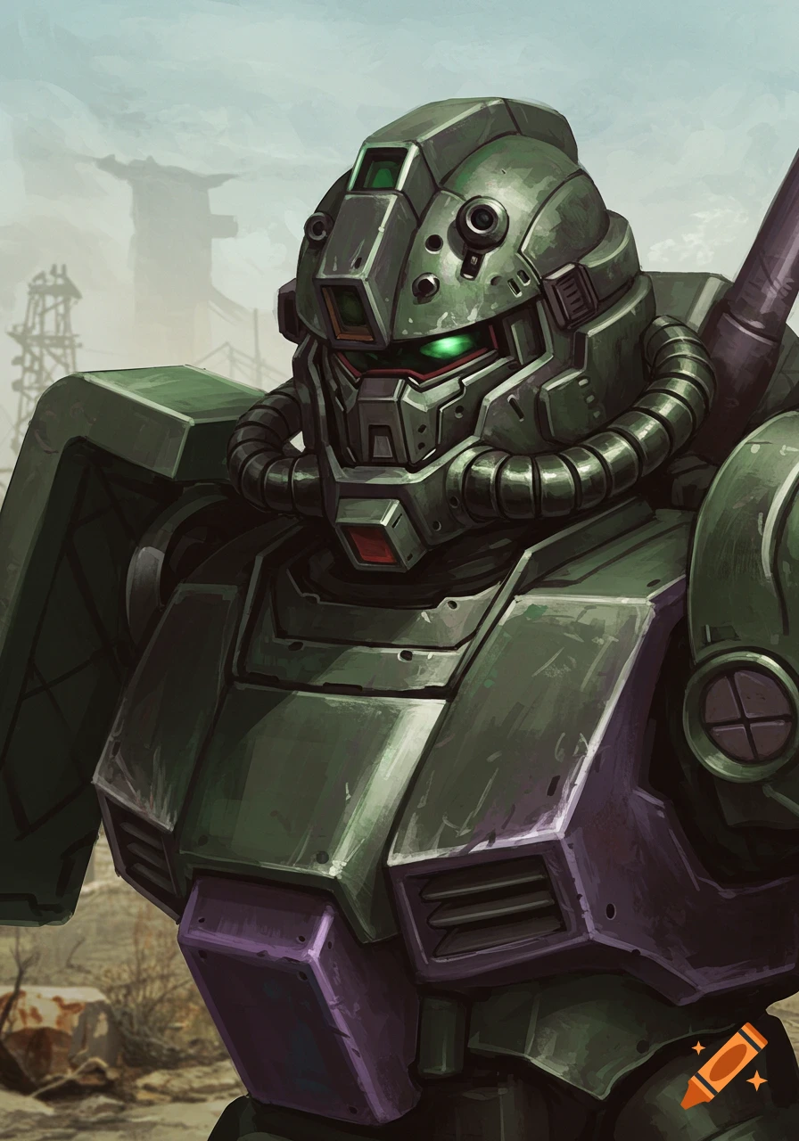 A green and purple mecha resembling a Zaku in a post-apocalyptic wasteland, digital painting style.