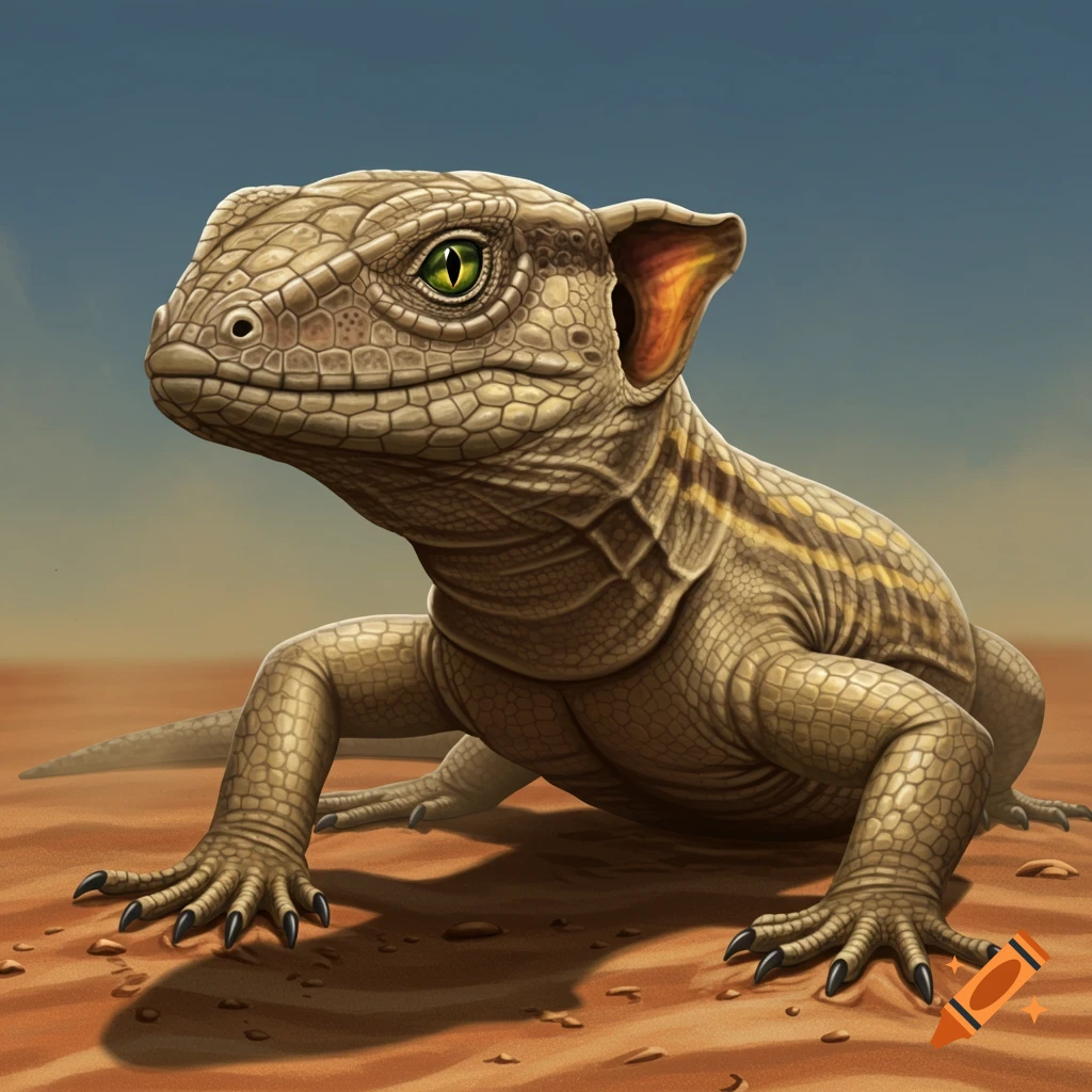 A creature resembling a lizard with ear-like structures, scales, golden-green eyes, and claws, standing on orange sand against a blue and brown background.