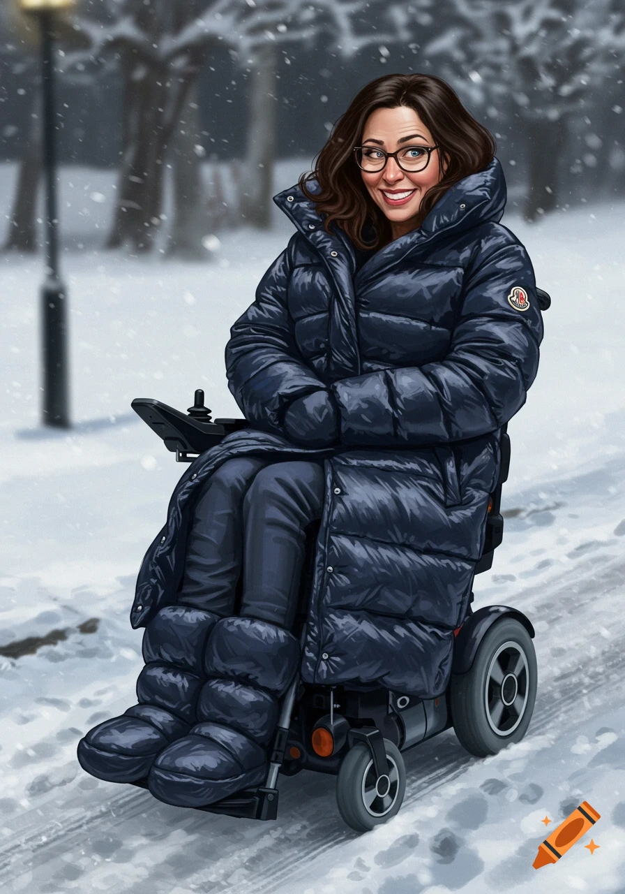 Person in a wheelchair wearing a puffy winter coat in the snow.