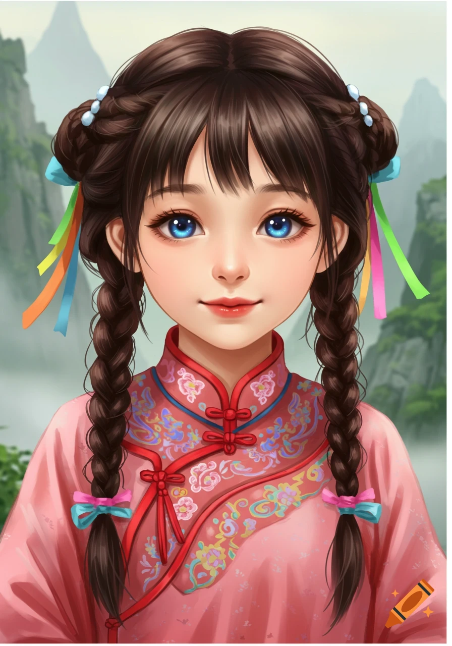 Illustration of a young girl in a pink traditional Chinese dress with braids and ribbons, mountains in the background