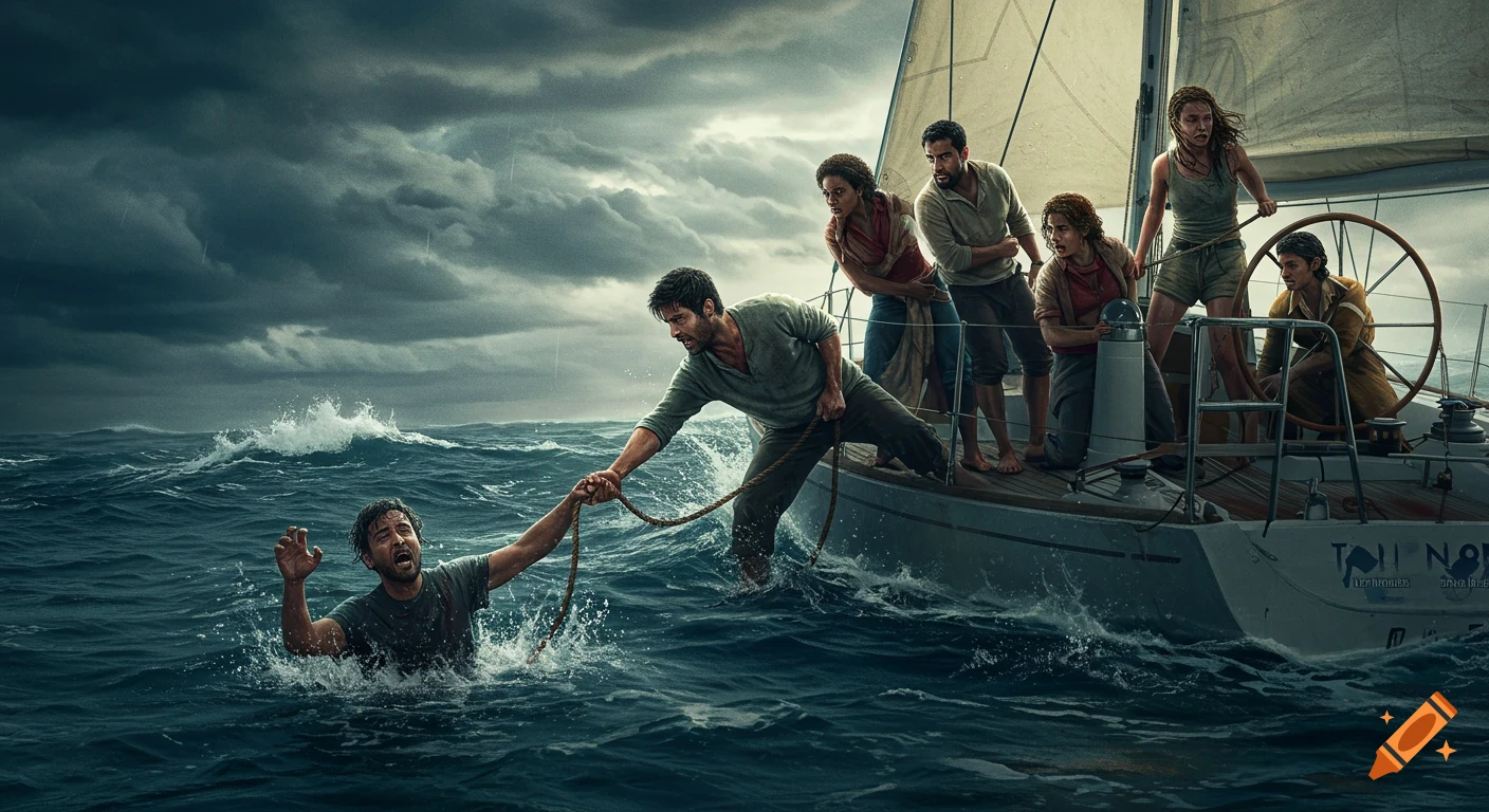 People on a sailboat rescue someone from rough seas during a storm.