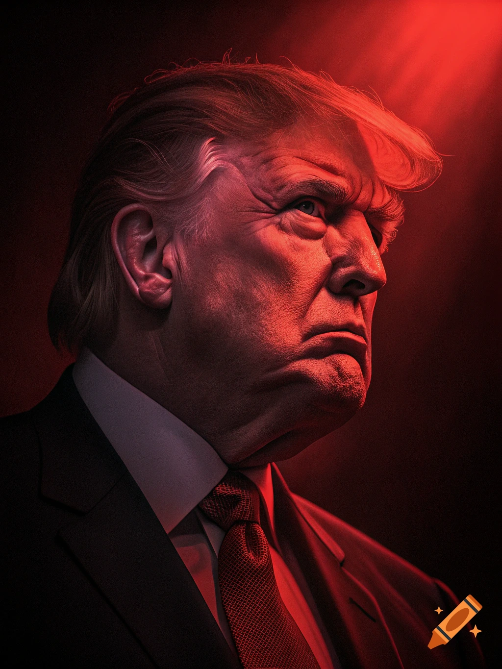 Dramatic portrait of Donald Trump with red lighting