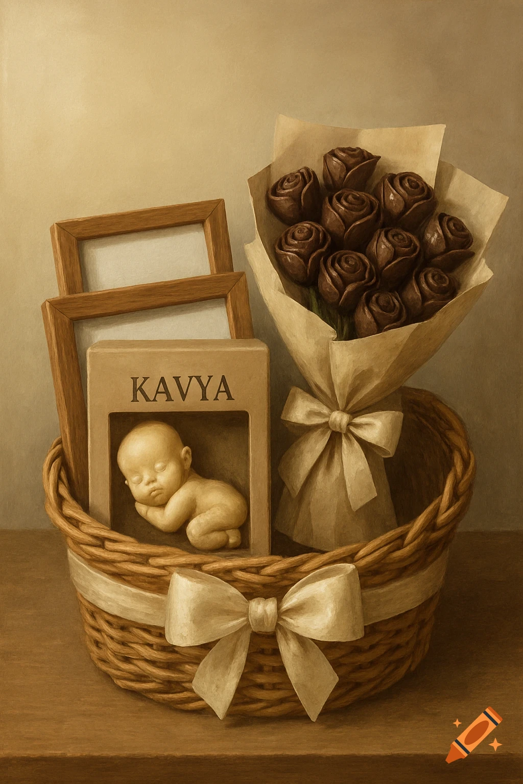 Still life painting of a baby shower gift basket with photo frames, a baby figure box labeled KAVYA, and chocolate roses.