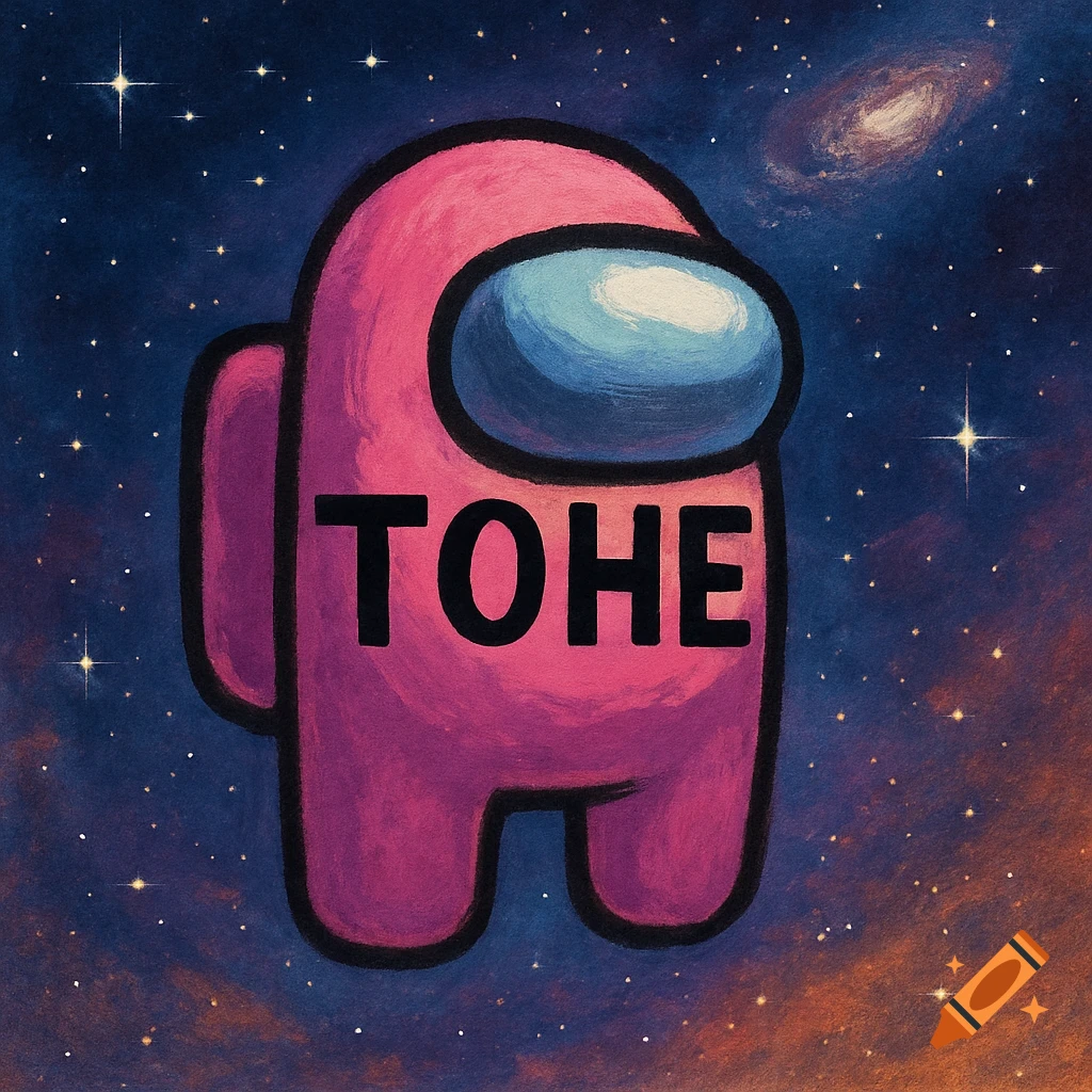A pink Among Us character with the text TOHE on its chest floats in a starry space background.