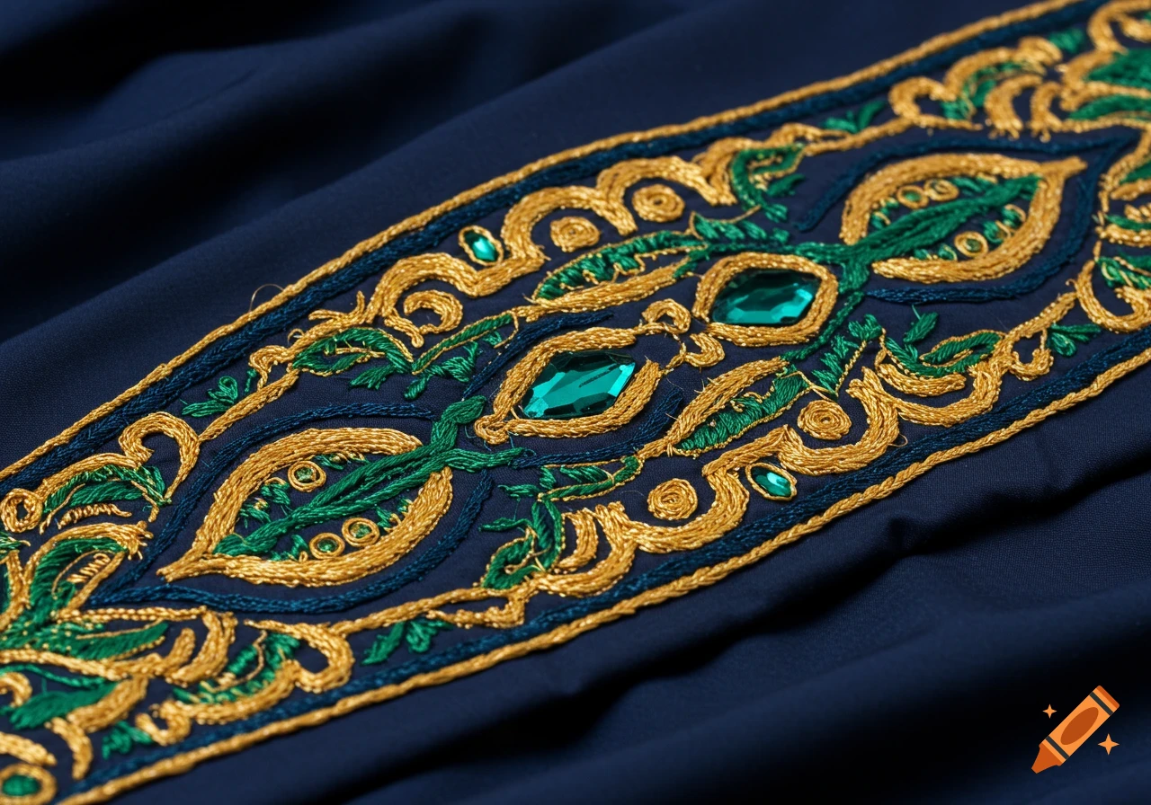 Close-up of intricate gold and green embroidery with green gems on dark blue fabric.