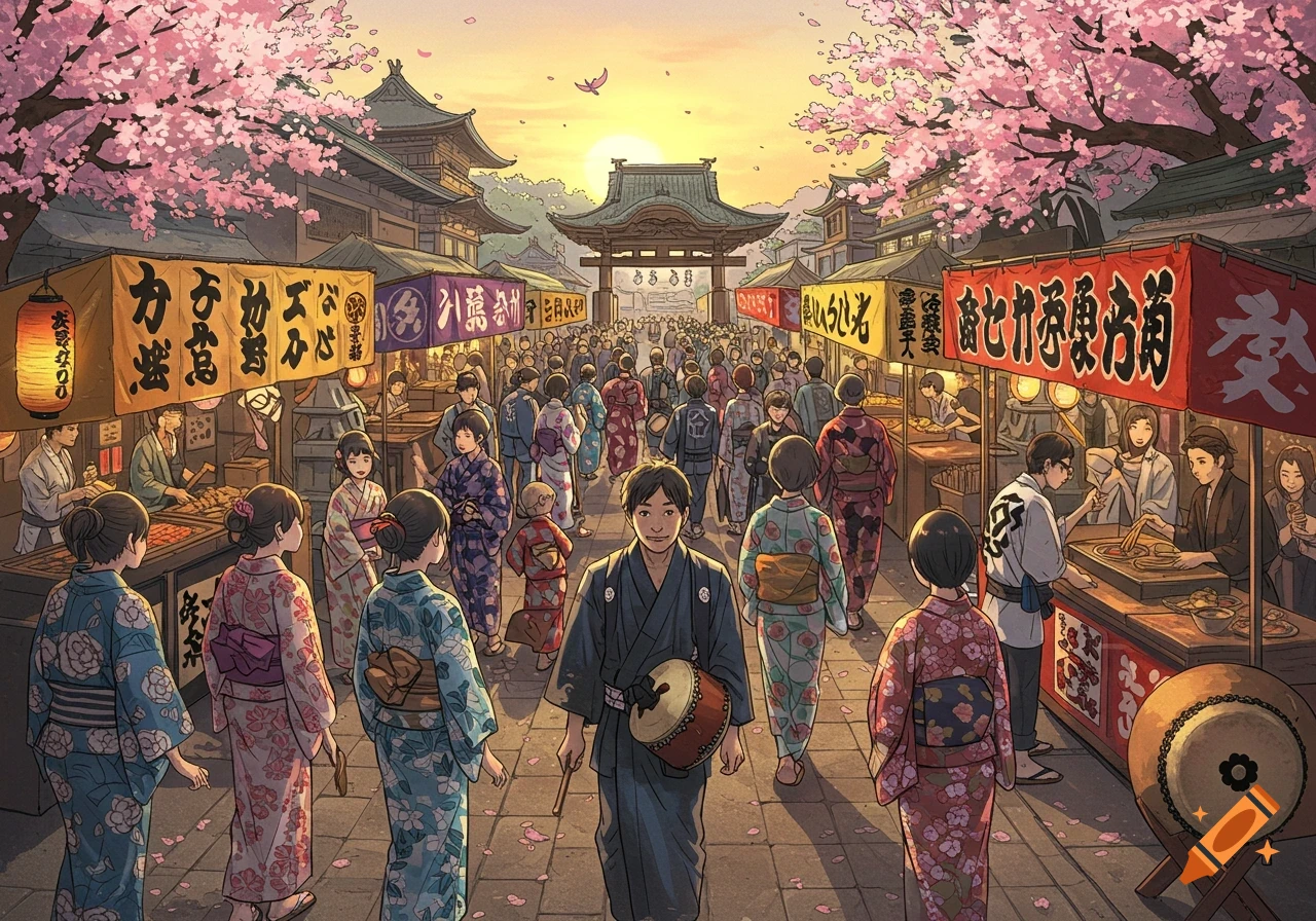 A vibrant street scene at a Japanese festival with cherry blossoms and people in yukata.