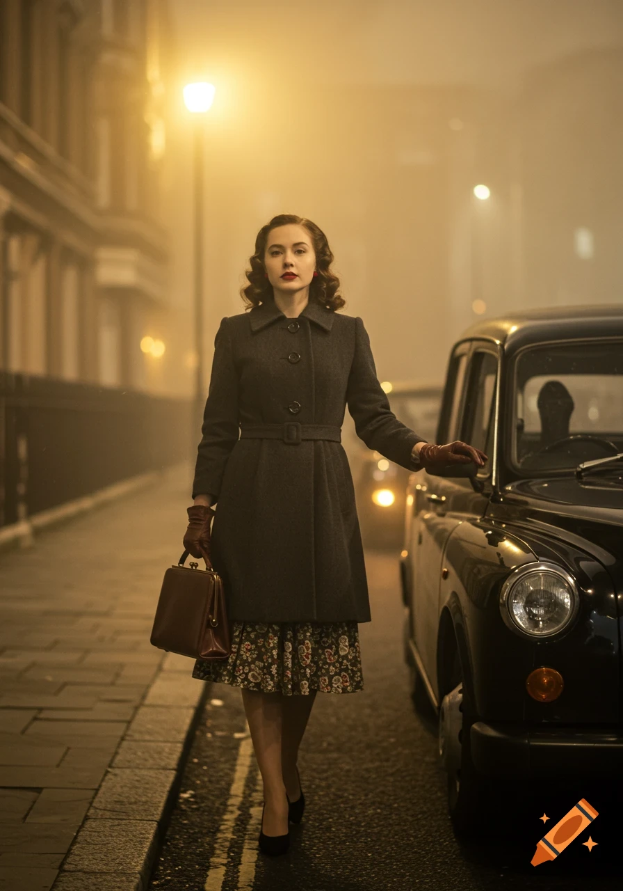 Woman in vintage coat and dress walking by classic black taxi on foggy street