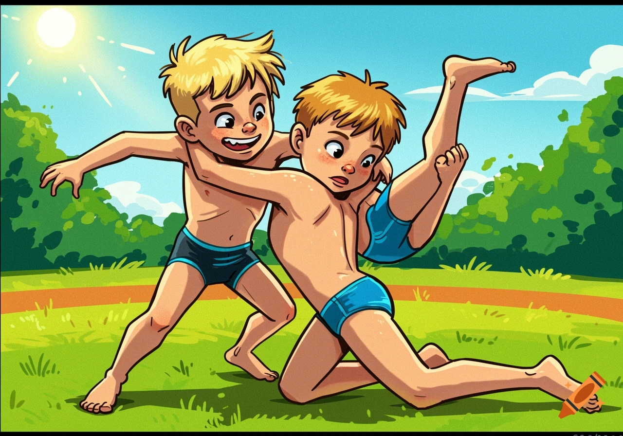 Cartoon drawing of two boys wrestling in speedos outdoors.