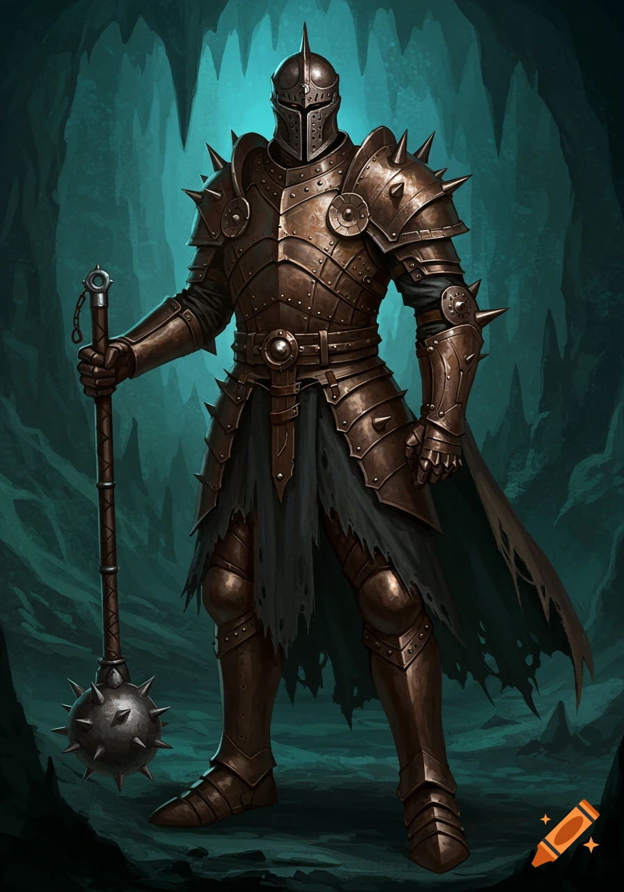 Illustration of a knight in spiked bronze armor holding a mace in a dark cave.