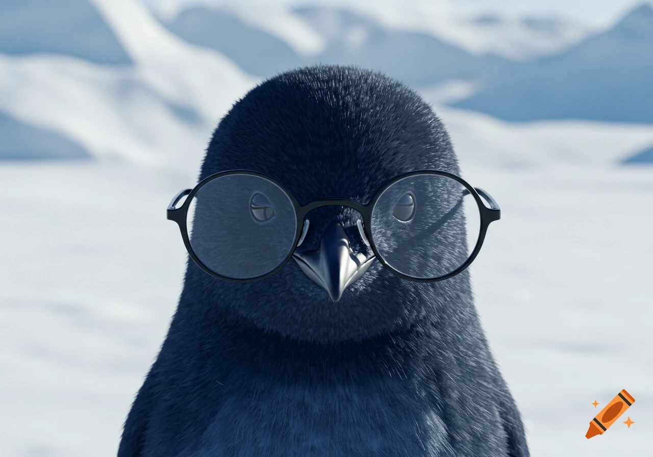Close-up of a dark blue penguin wearing glasses in a snowy landscape