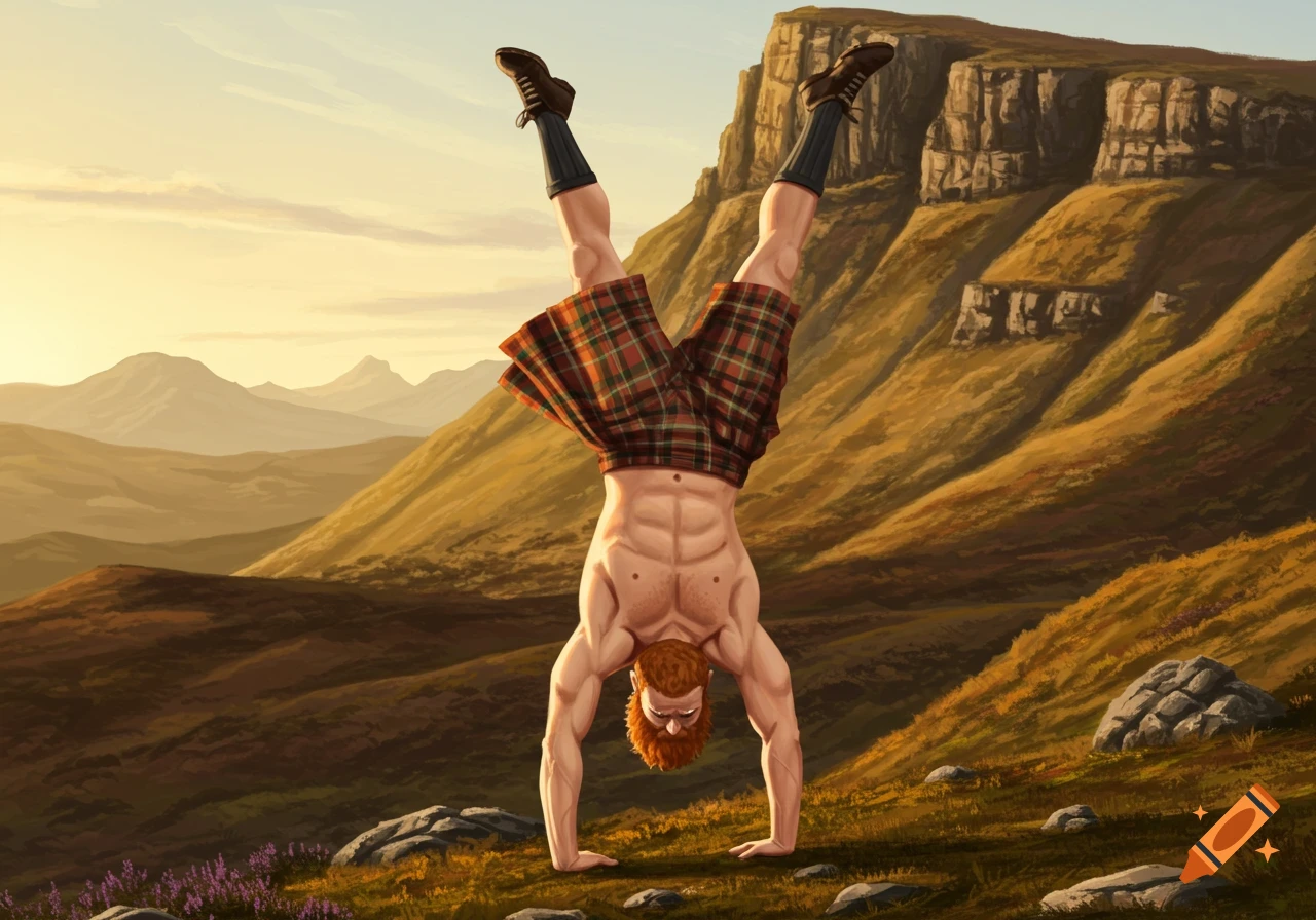 A muscular man in a kilt does a handstand in a mountainous landscape at sunset.