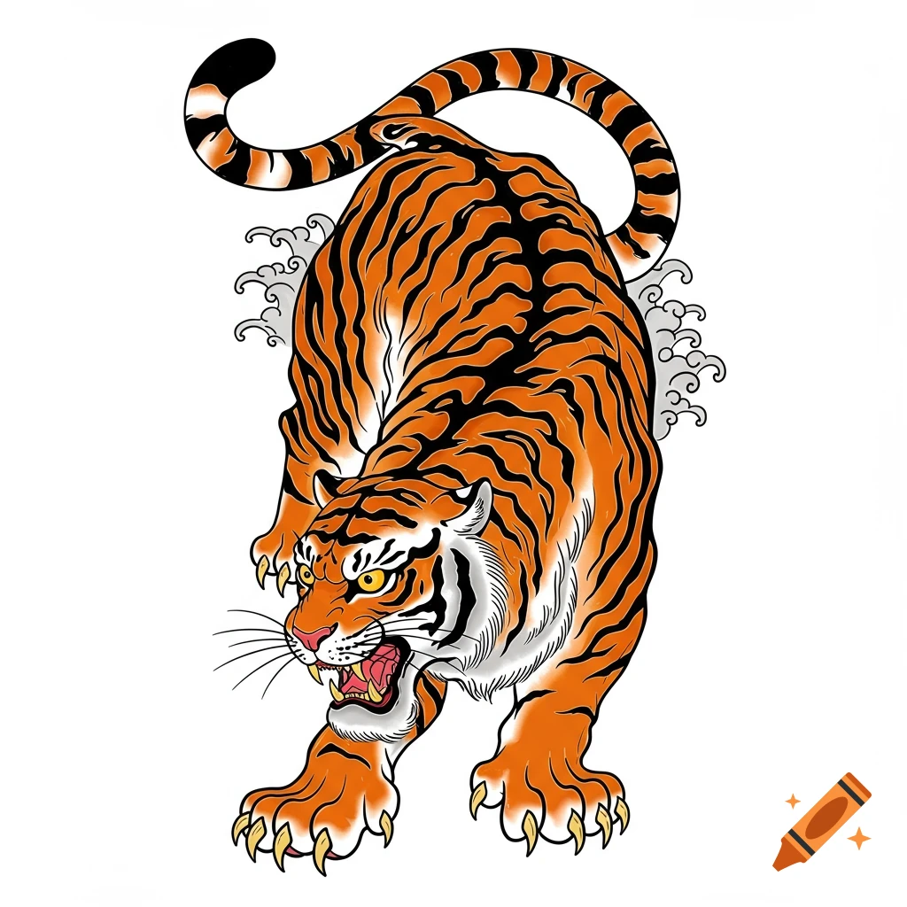 Stylized orange and black tiger in Japanese tattoo style, lunging forward