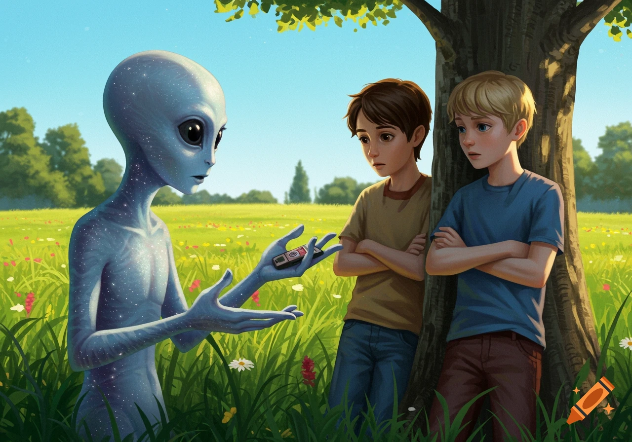 A blue alien shows a device to two boys in a grassy field illustration