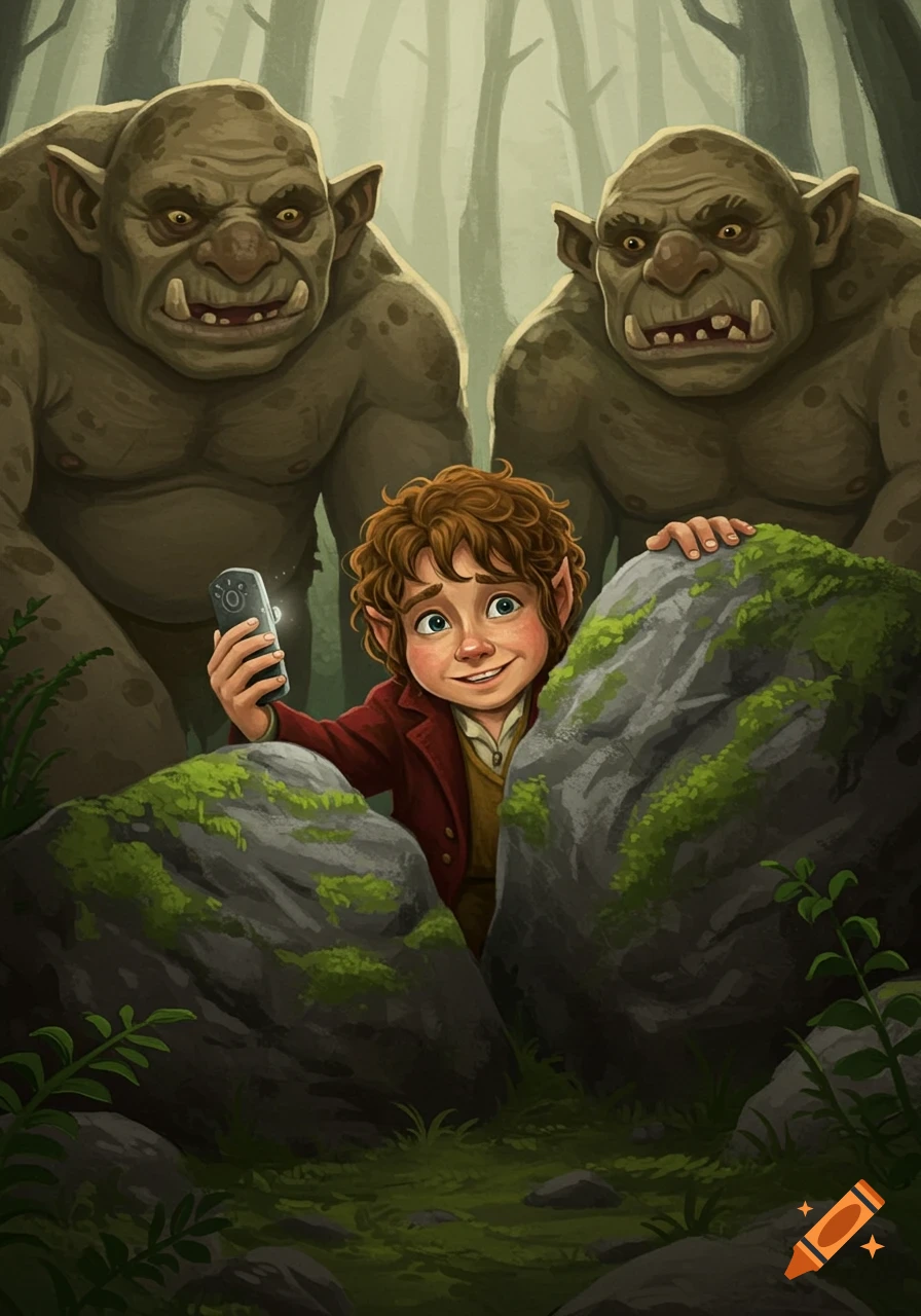 Illustrated image of Bilbo Baggins taking a selfie with two large trolls hiding behind a rock.
