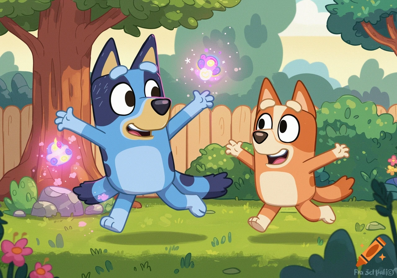 Bluey and Bingo running and playing in a garden.