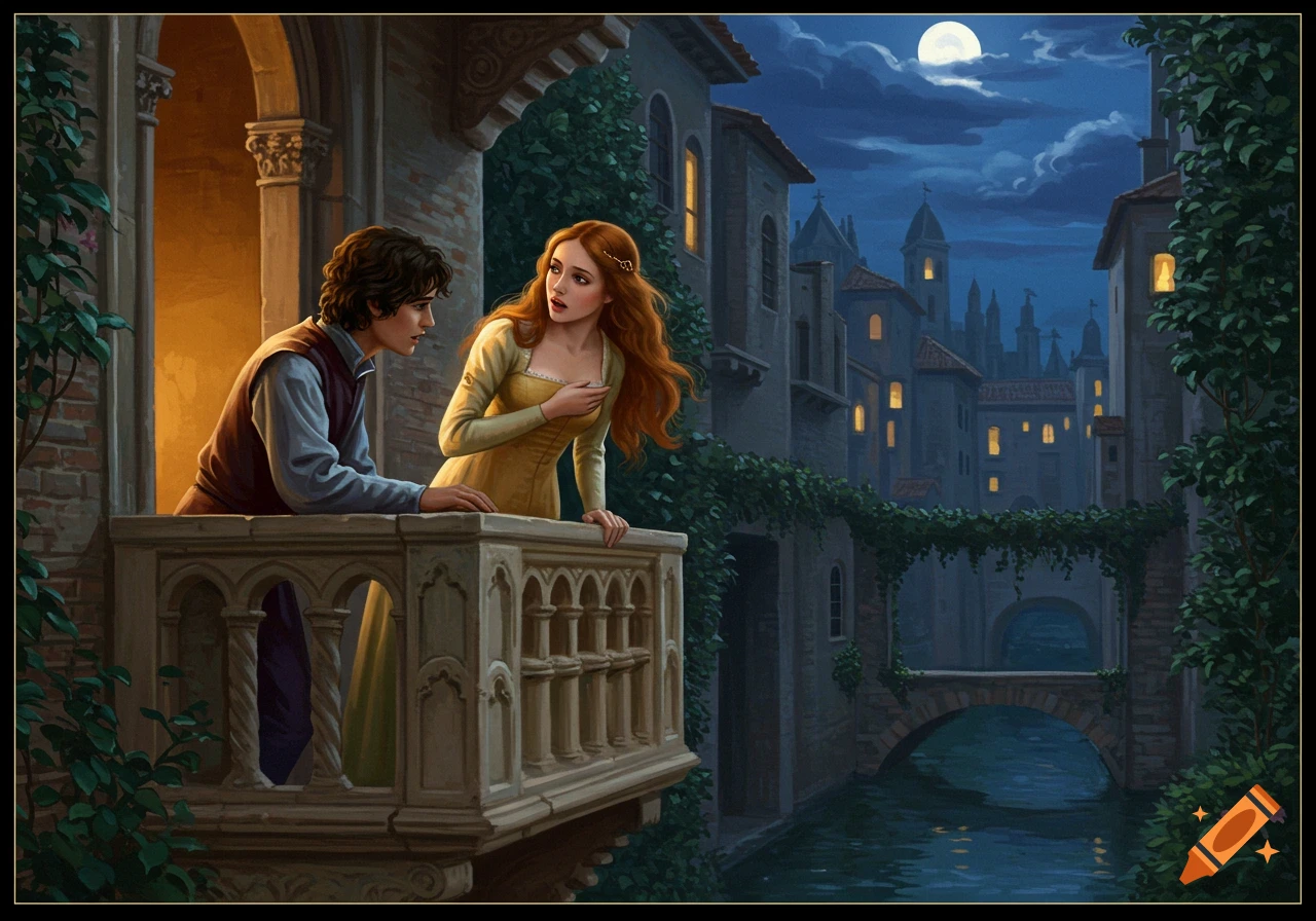 An illustration of Romeo and Juliet on a balcony at night overlooking a city canal.