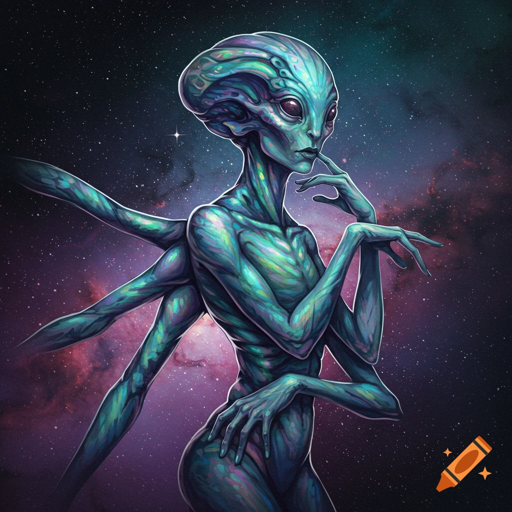 Illustration of an alien with multiple arms in deep space.