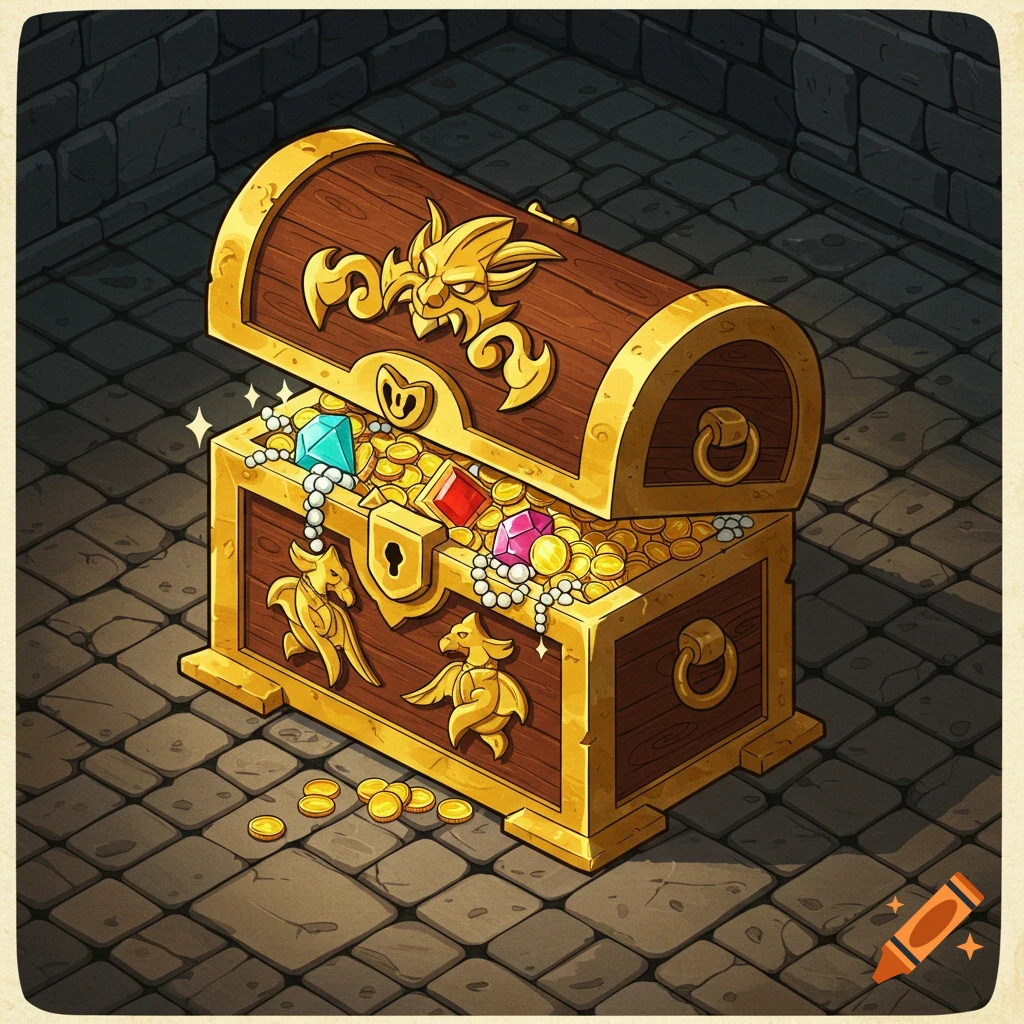 Isometric cartoon treasure chest filled with gold and jewels in a dungeon.