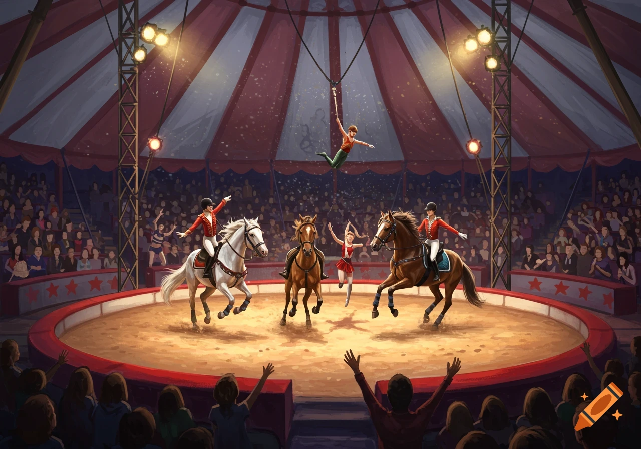 Illustration of a circus performance with riders on horses, a trapeze artist, and an acrobat in the ring before a large audience.