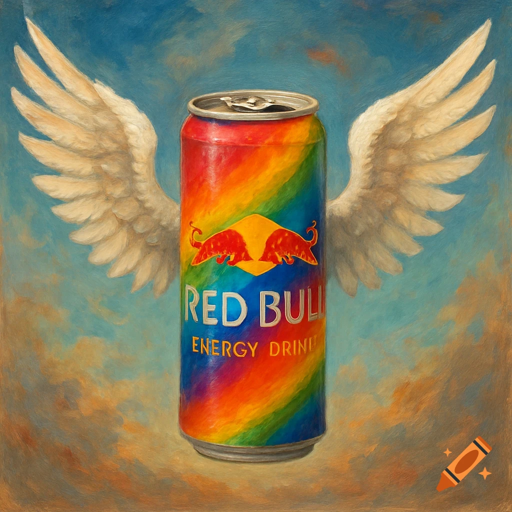 A rainbow-colored Red Bull can with white wings floats in a cloudy blue sky, rendered in a painting style.