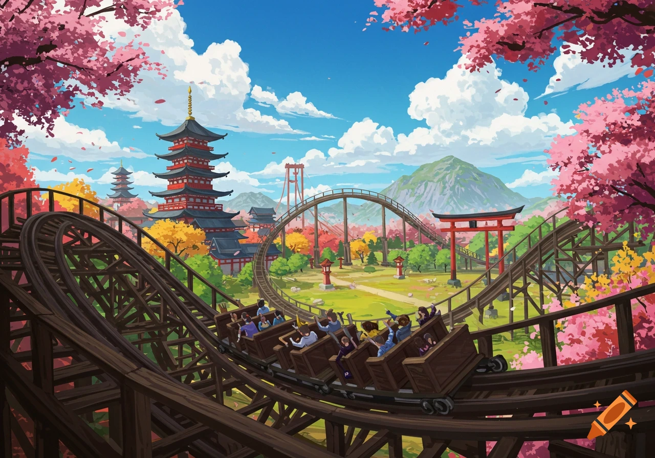 Wooden roller coaster in vibrant Feudal Japanese landscape with pagodas and cherry blossoms, illustration style