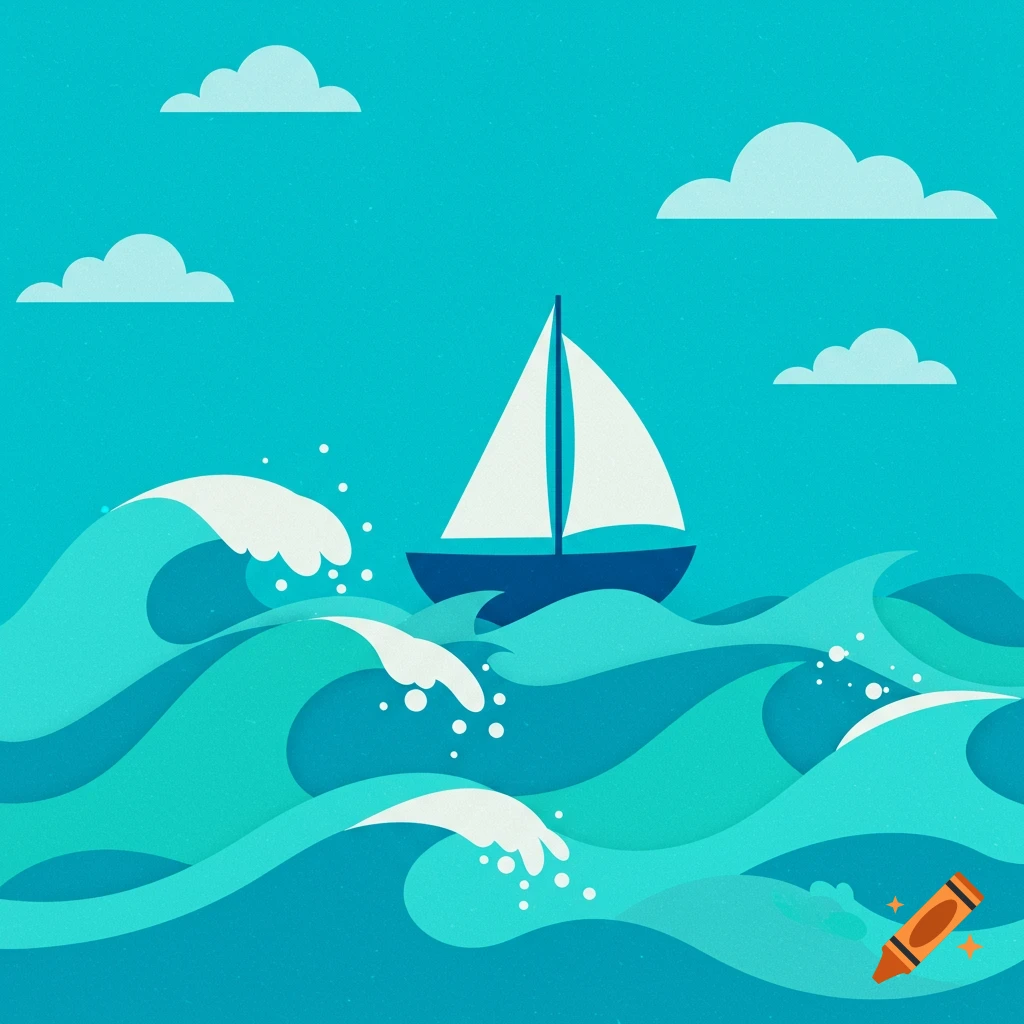 A simple 2D illustration of a sailboat on stylized waves under a blue sky with clouds.
