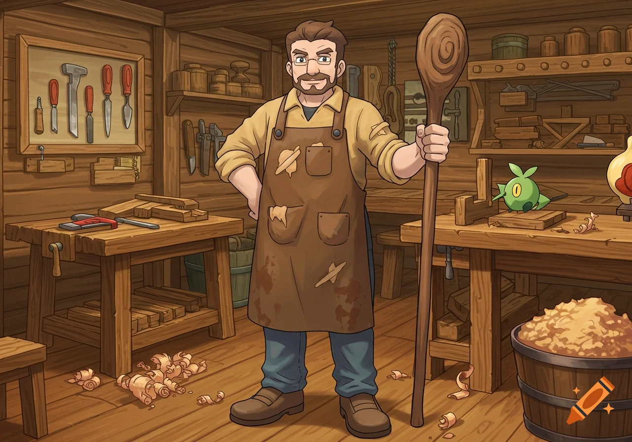 Cartoon illustration of a man in a workshop with a large wooden spoon, next to a green creature in Pokemon artstyle.