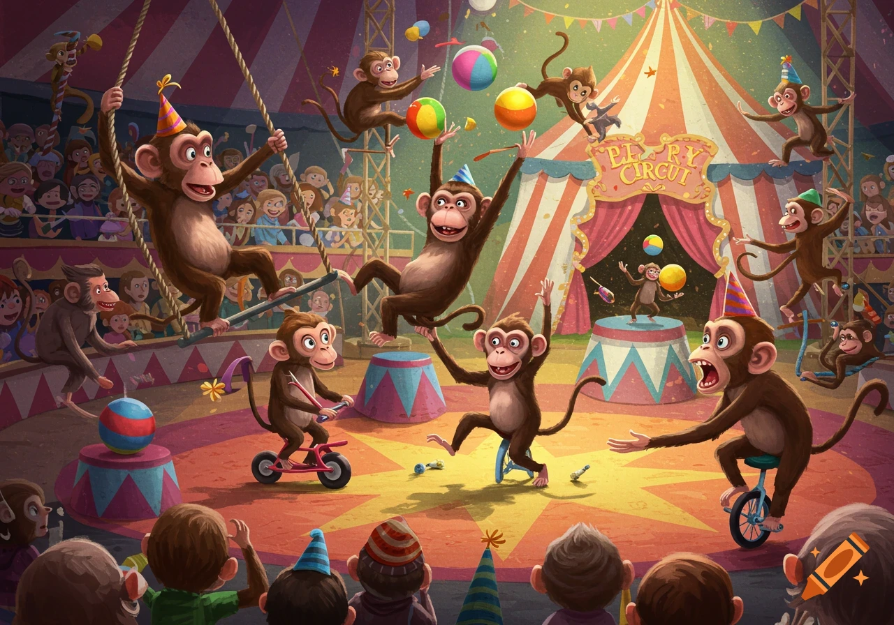Cartoon monkeys perform various acts in a busy circus tent with a crowd watching.