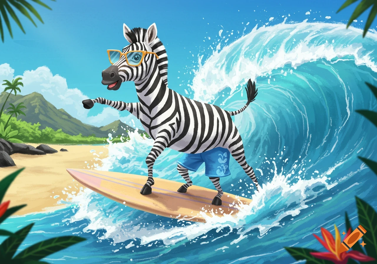 Cartoon illustration of a zebra in sunglasses and board shorts surfing a wave near a tropical beach.