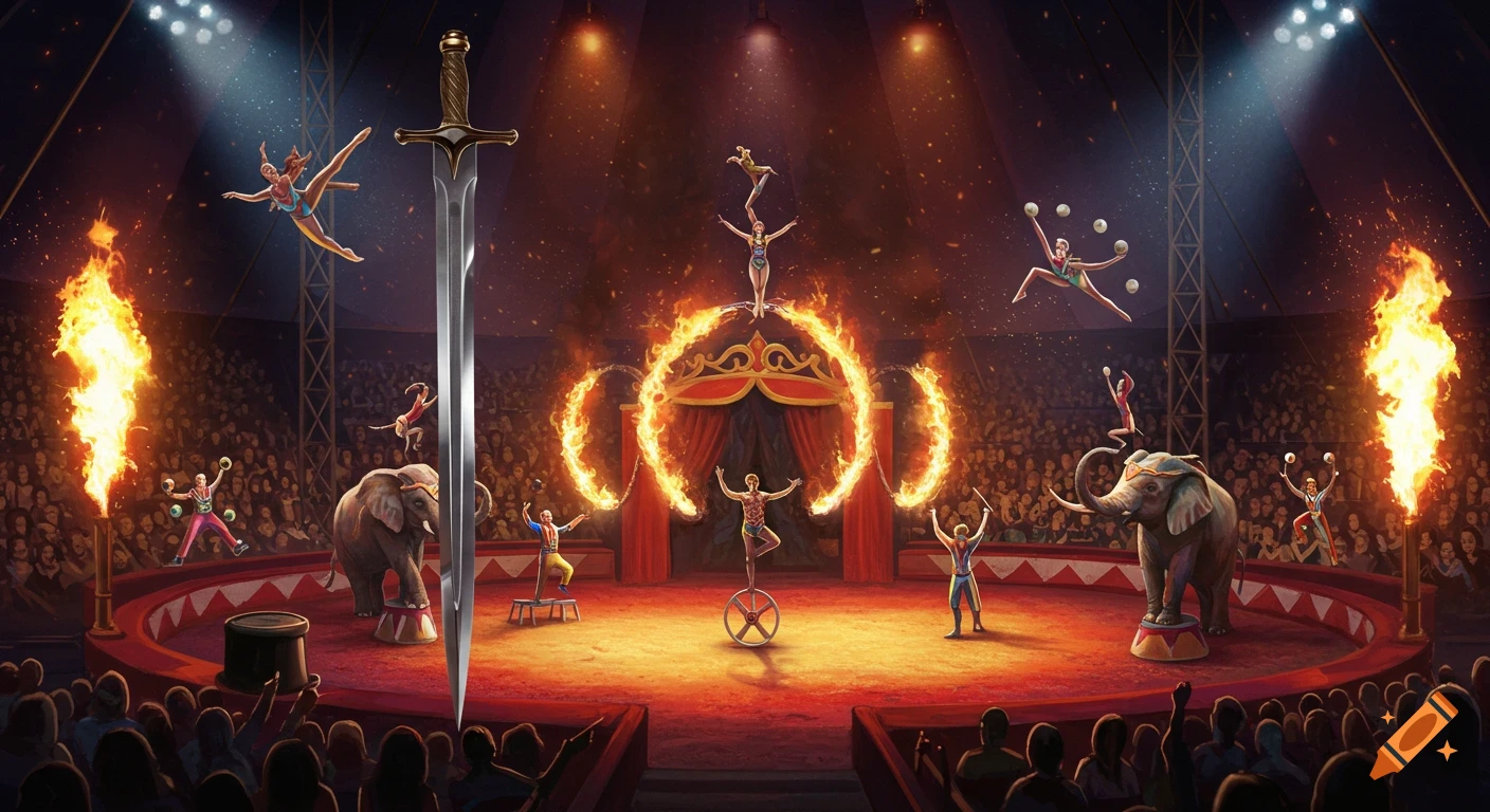 Dramatic illustration of a circus performance with acrobats, elephants, fire rings, and a giant sword as the ringmaster.