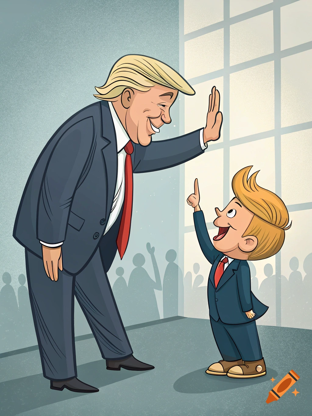 A cartoon depicting Donald Trump high-fiving a smaller, child version of himself.