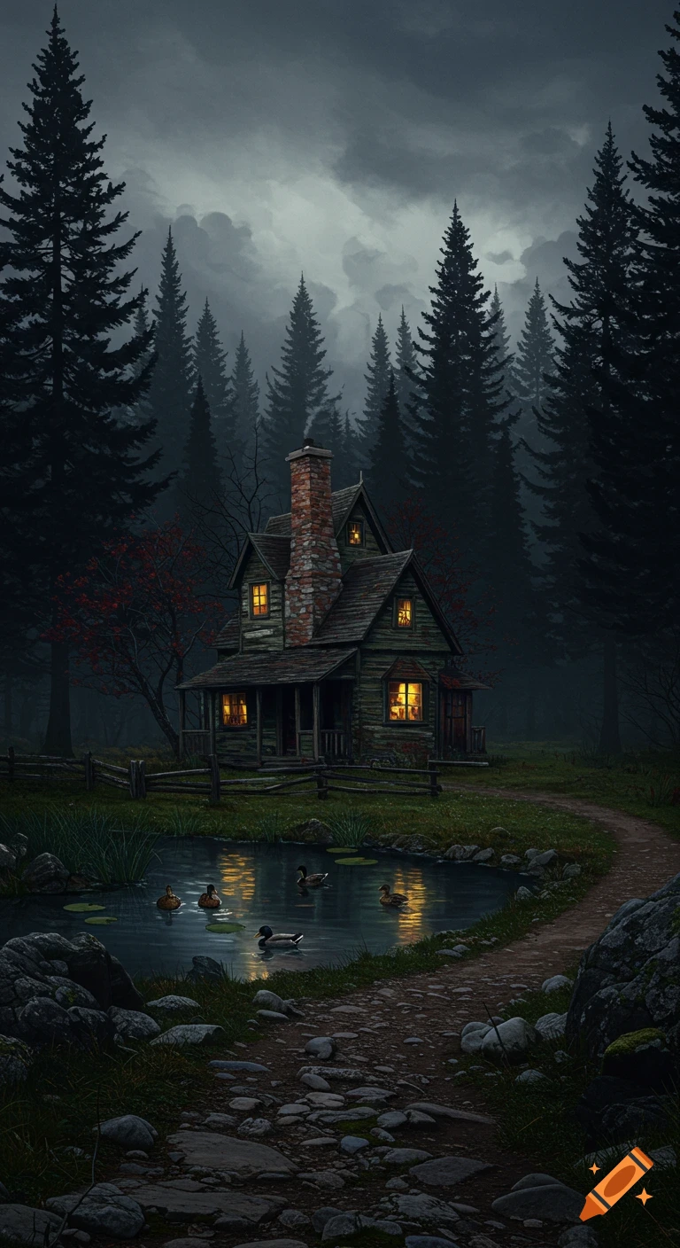 A log cabin by a pond with ducks in a dark forest under a stormy sky.