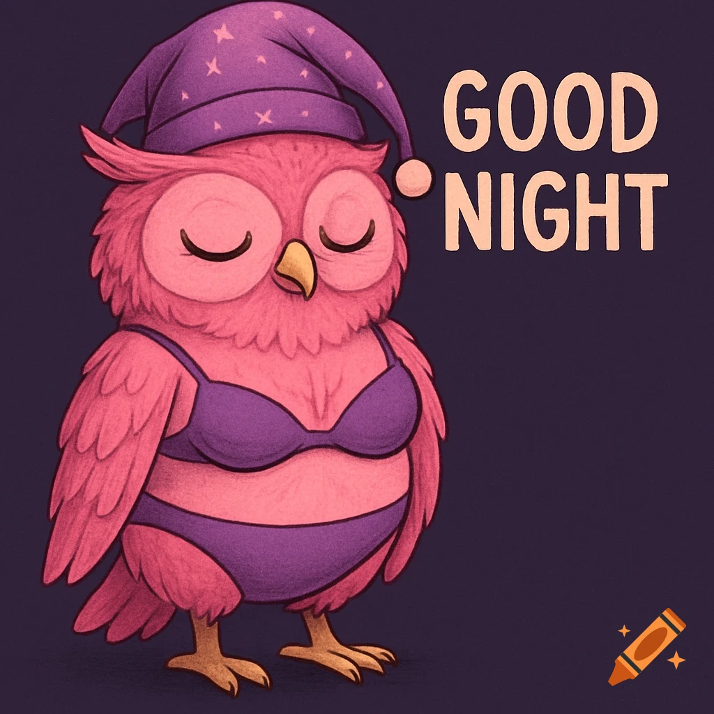 A pink cartoon owl in a purple bikini and sleeping hat with the text 'GOOD NIGHT'.