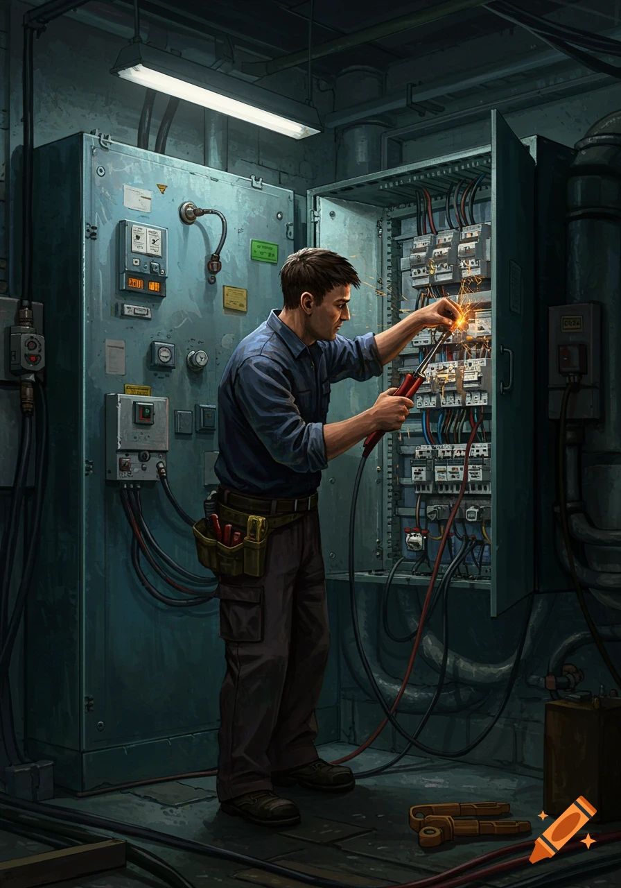 Illustration of an electrician working on a control panel with sparks flying
