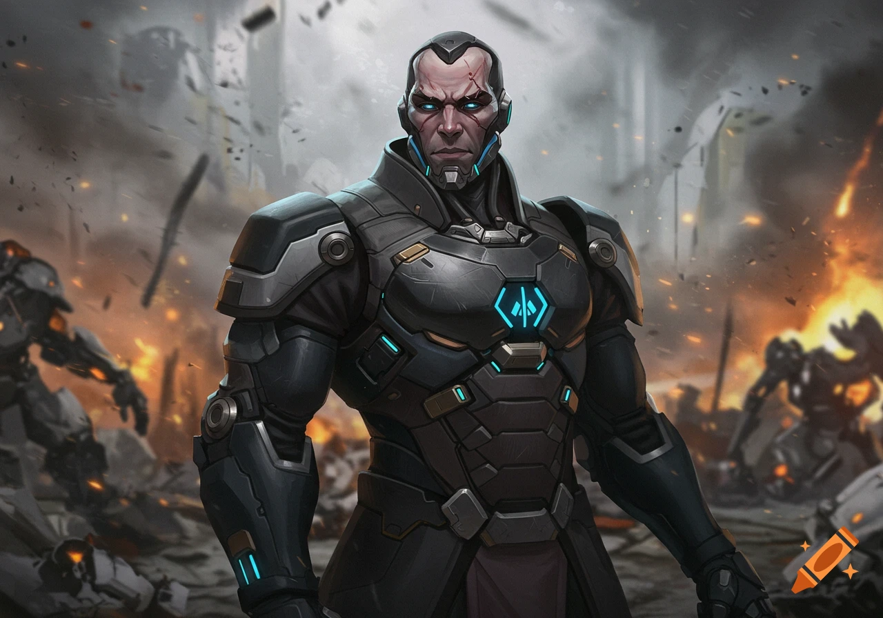 A futuristic soldier in black armor stands on a battlefield with ...