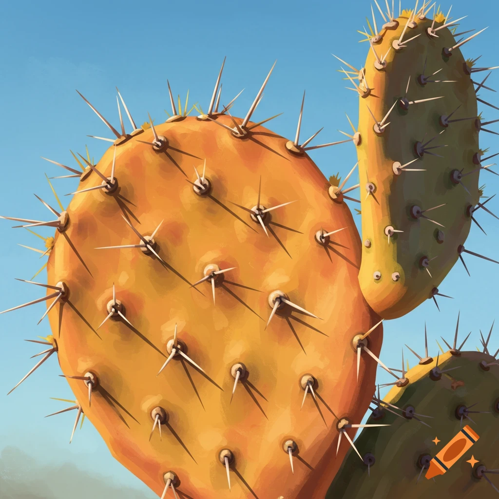 Close-up painting of a prickly pear cactus pad against a blue sky.