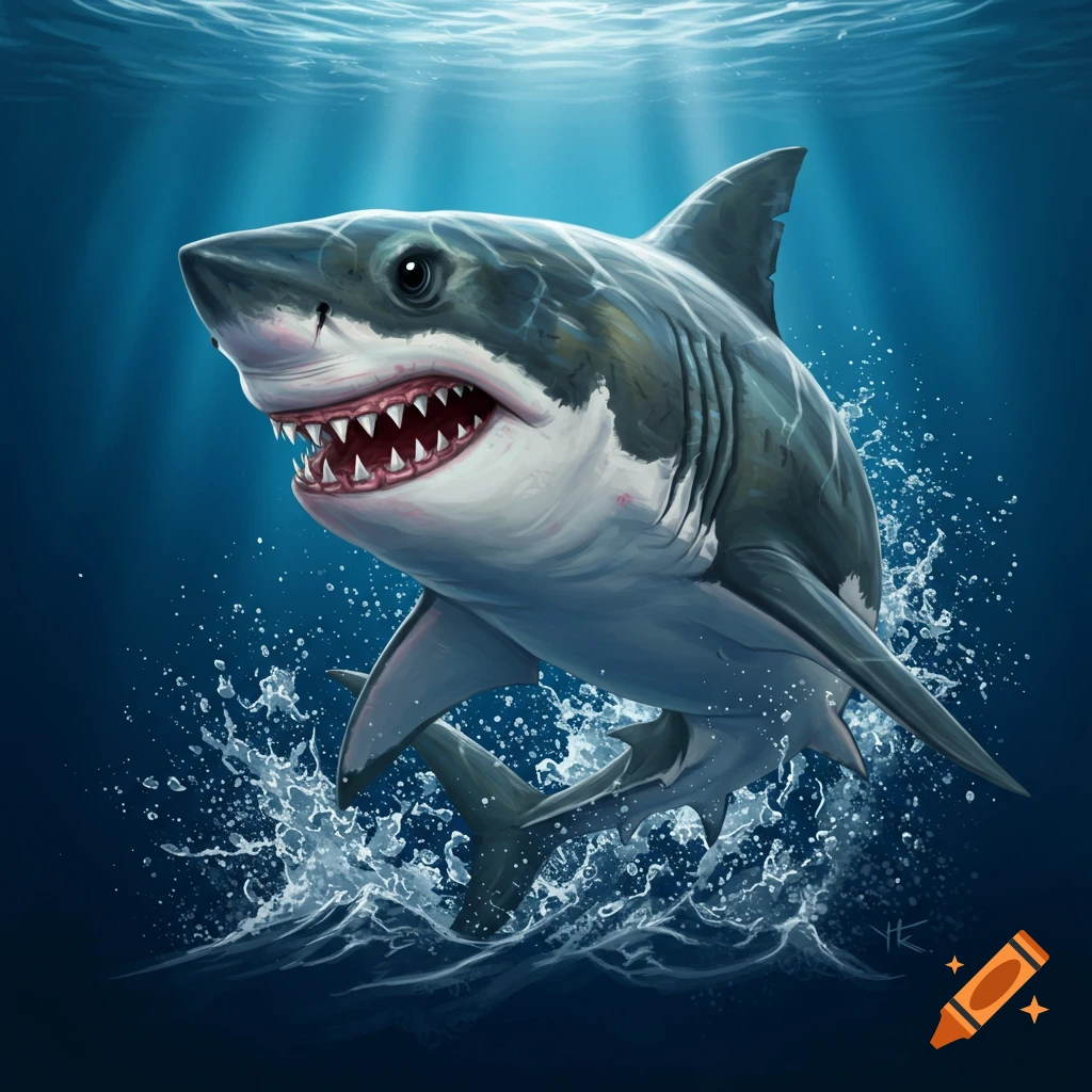Illustration of a shark jumping out of the water.