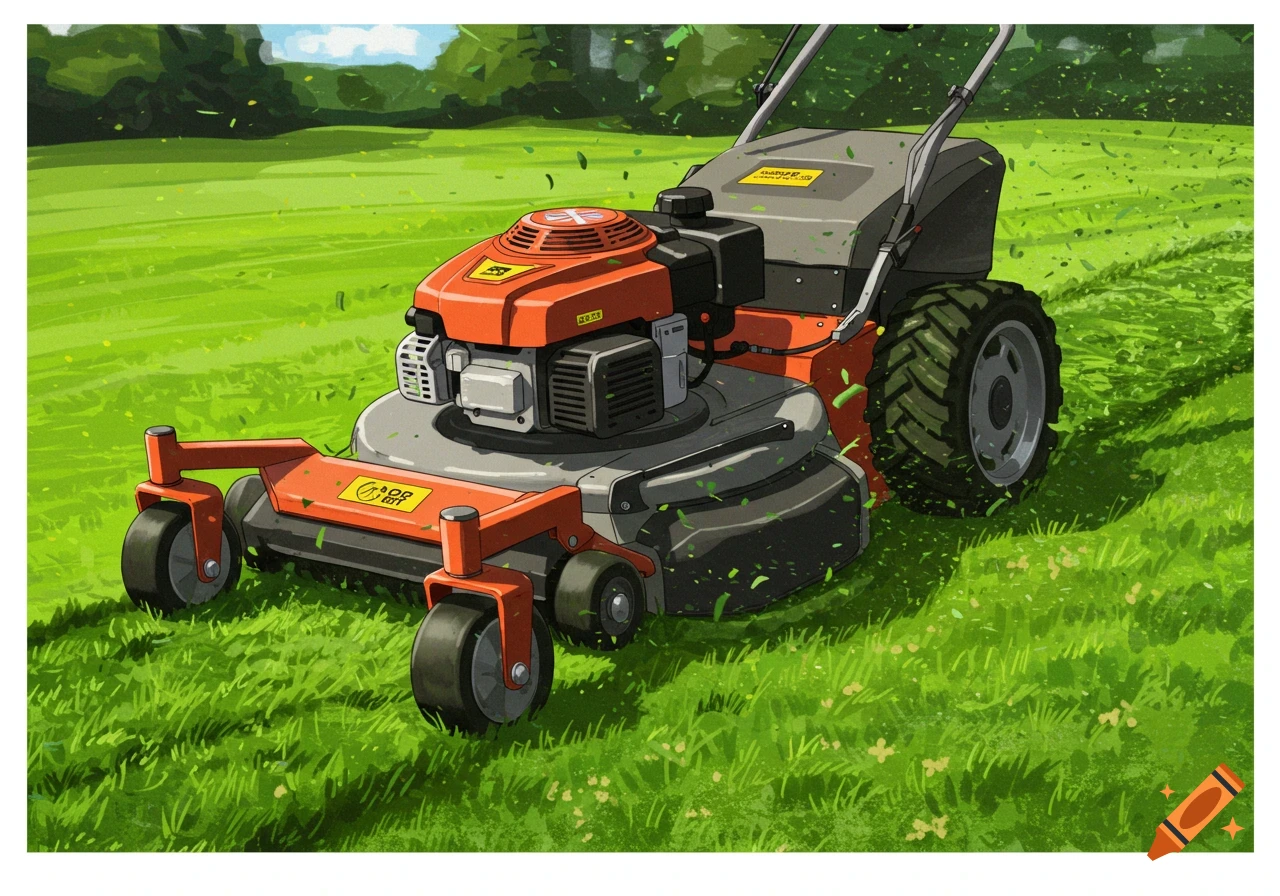 Illustration of a lawnmower cutting tall green grass in a yard.