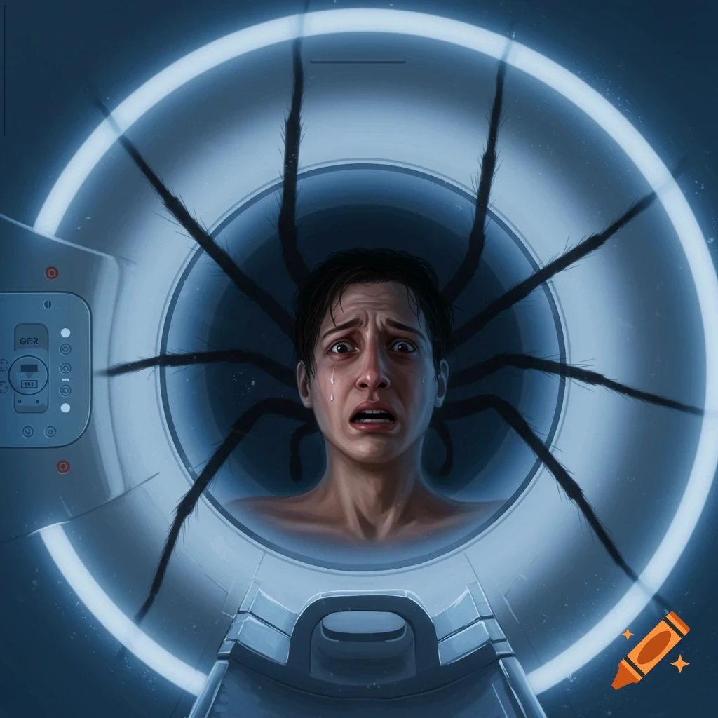 Terrified person in an MRI machine with spider legs behind them.