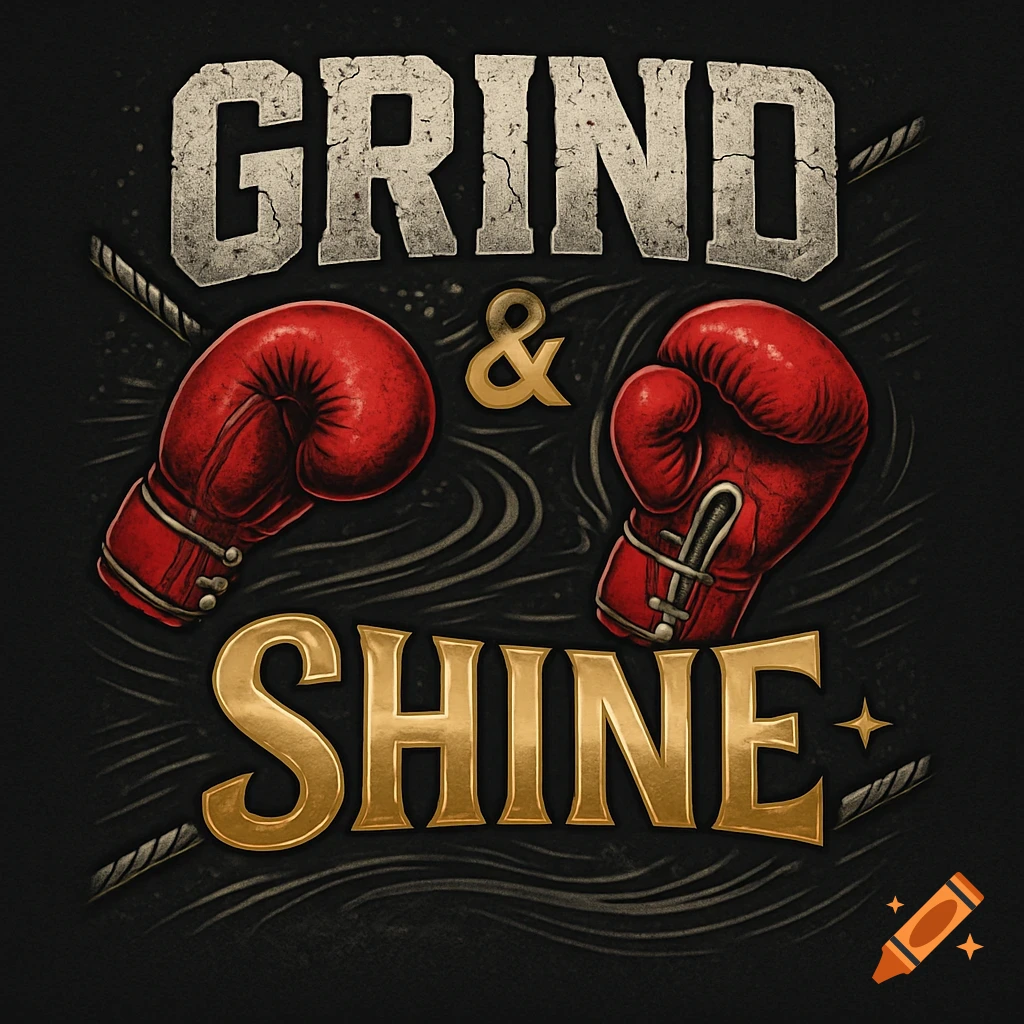 Red boxing gloves flank rugged 'GRIND' text and metallic gold 'SHINE' text on a dark background with ring ropes and swirls.