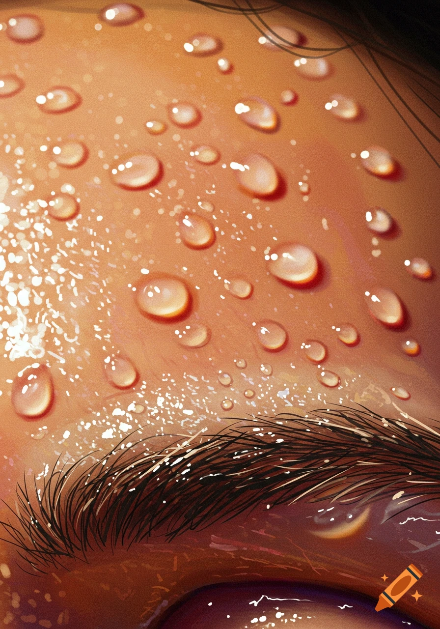 Macro close-up of skin with water droplets and an eyebrow