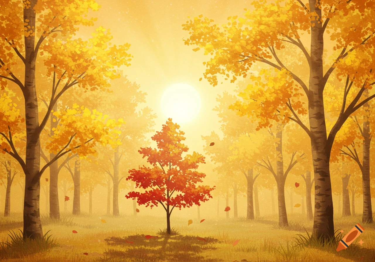Watercolor painting of an autumn forest with yellow and red trees under a shining sun.