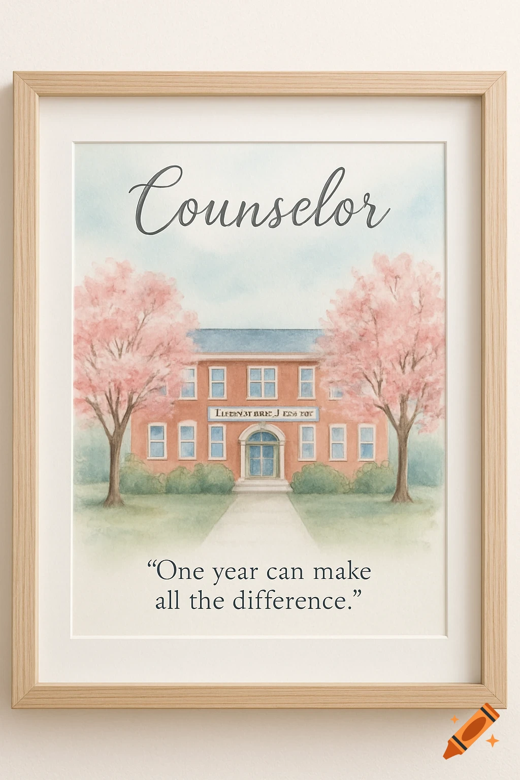 Watercolor illustration of a school building with two trees and text that reads "Counselor One year can make all the difference." in a wooden frame.