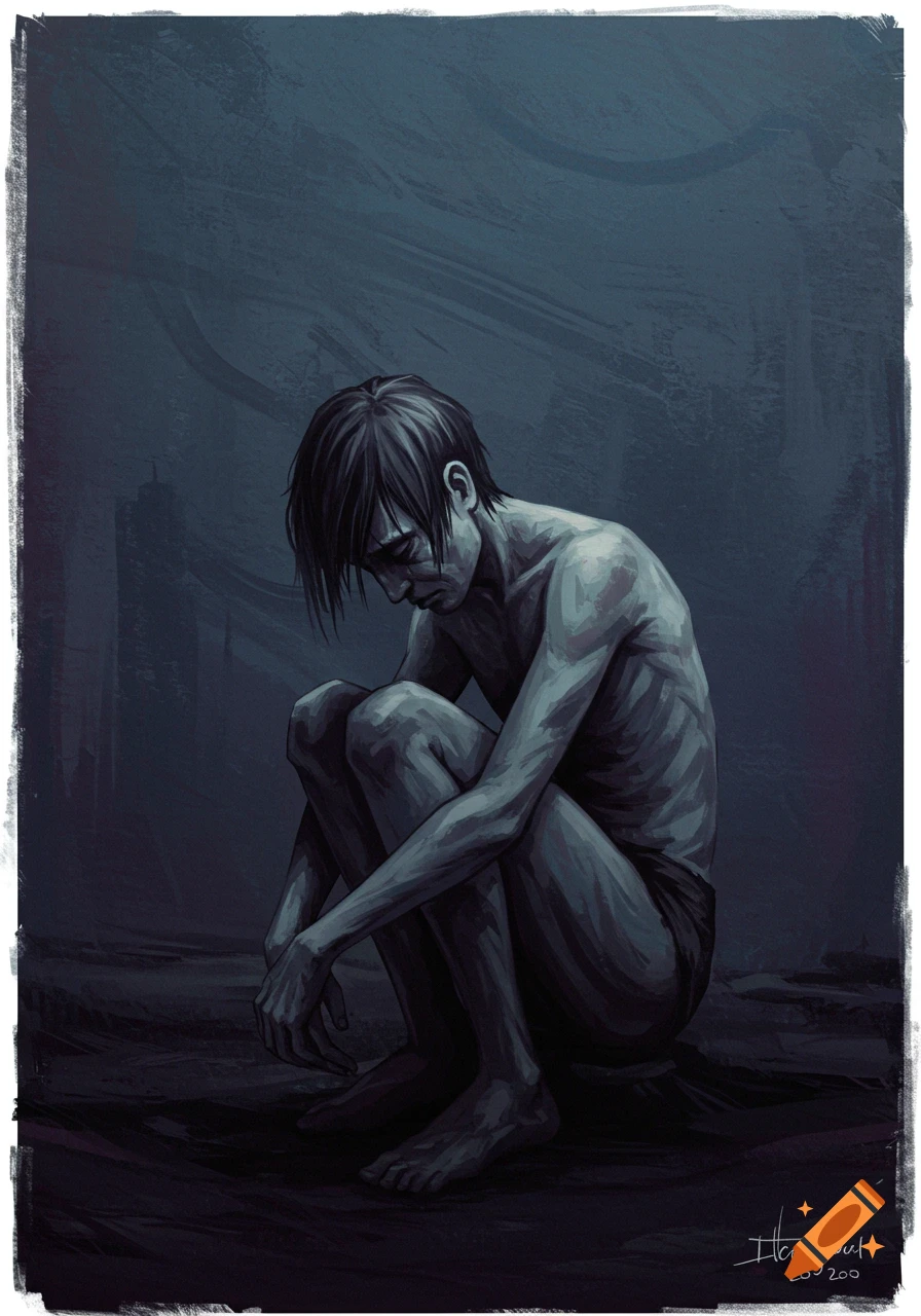 A gaunt person crouches looking down in a dark, painterly style.