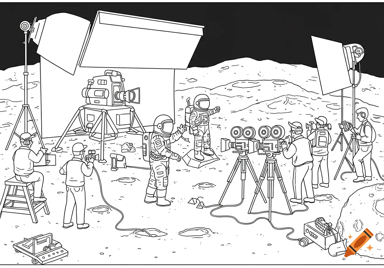 Black and white line drawing of a film crew shooting a fake moon landing scene with astronauts and equipment.