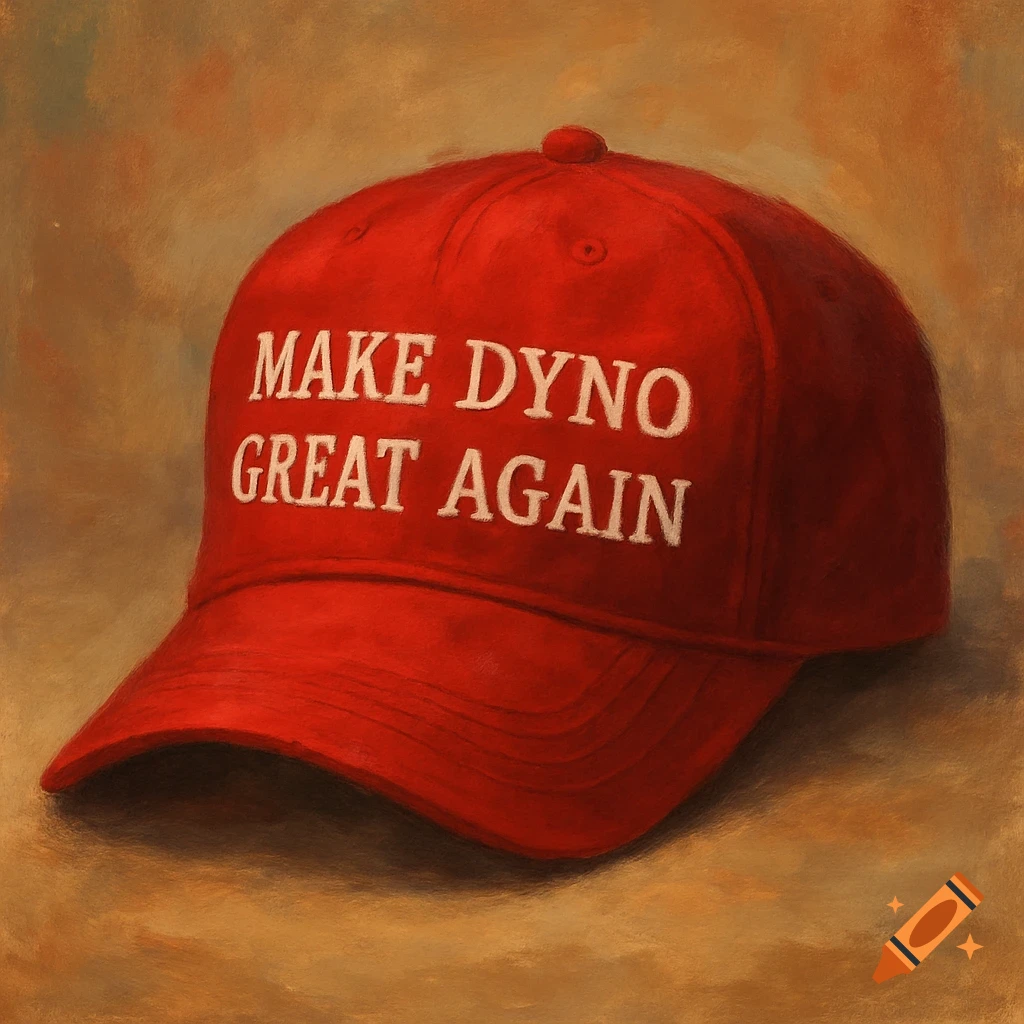 A red baseball cap with white text 'MAKE DYNO GREAT AGAIN' rendered in a painting style.