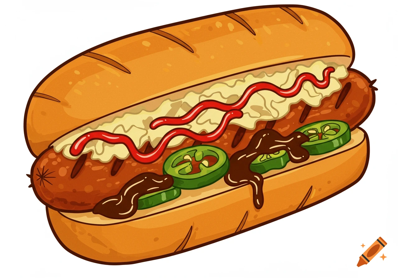 Cartoon style illustration of a polish sausage sandwich with sauerkraut, ketchup, jalapeños, and jerk sauce.