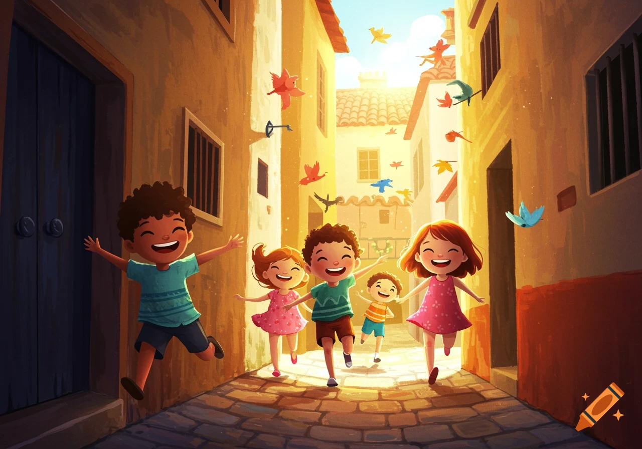 Cheerful illustration of happy children running and playing in a sunny town alley with birds flying.